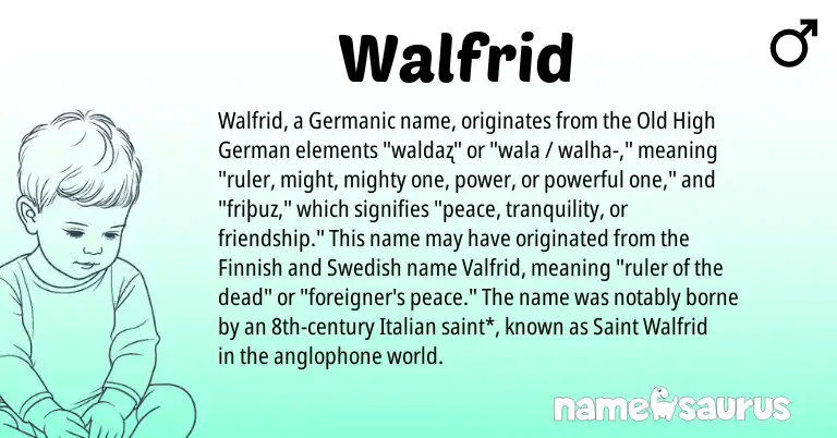 Infographic about Walfrid name meaning, Walfrid is a name from Finnish, Old High German, Swedish, Germanic, Italian origin(s).