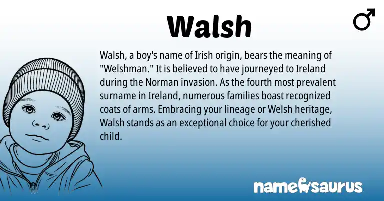 Infographic about Walsh name meaning, Walsh is a name from Irish, Ireland, Norman, Welsh origin(s).