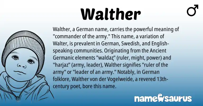 Infographic about Walther name meaning, Walther is a name from German, English, Swedish, Ancient Germanic origin(s).