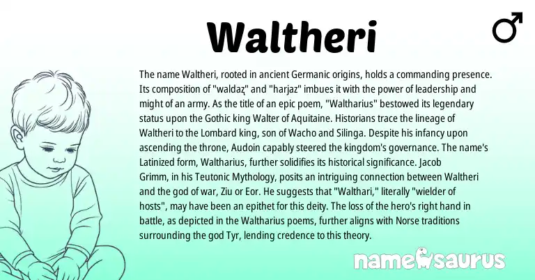 Infographic about Waltheri name meaning, Waltheri is a name from Teutonic, Mythology, Germanic, Norse, Gothic, Lombard origin(s).