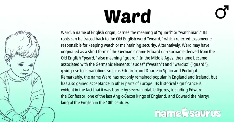 Infographic about Ward name meaning, Ward is a name from Portugal, Anglo-Saxon, English, Ireland, England, Spain, Germanic, Old English origin(s).