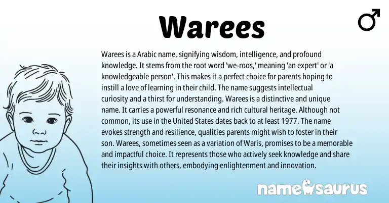 Infographic about Warees name meaning, Warees is a name from Arabic origin(s).