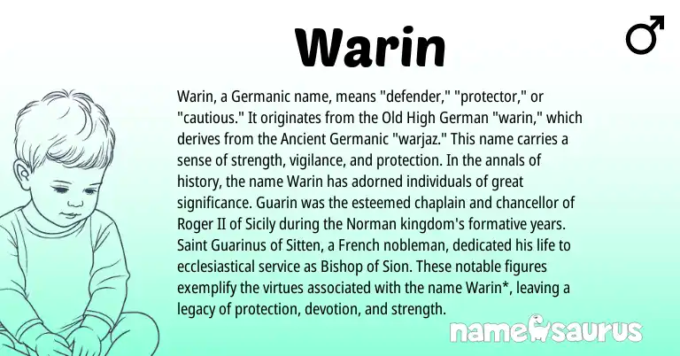 Infographic about Warin name meaning, Warin is a name from Old High German, Ancient Germanic, French, Germanic, Norman origin(s).