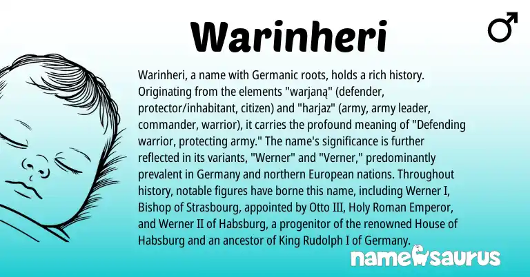 Infographic about Warinheri name meaning, Warinheri is a name from Roman, Germanic, European origin(s).