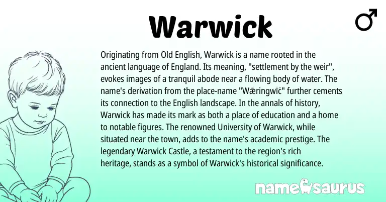 Infographic about Warwick name meaning, Warwick is a name from Old English, English, England origin(s).
