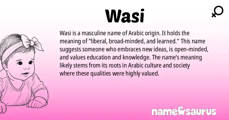 Infographic about Wasi name meaning, Wasi is a name from Arabic origin(s).