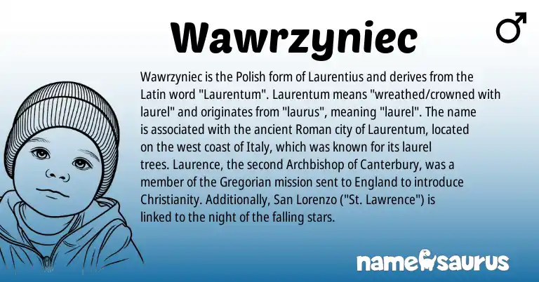 Infographic about Wawrzyniec name meaning, Wawrzyniec is a name from Polish, Christianity, England, Roman, Latin origin(s).