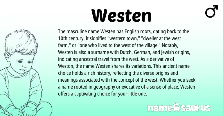 Infographic about Westen name meaning, Westen is a name from Dutch, English, Jewish, German origin(s).