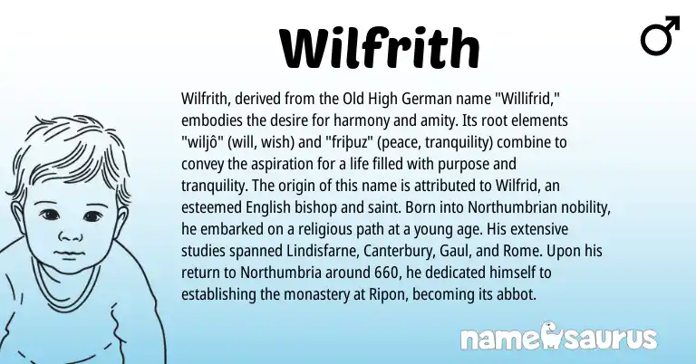 Infographic about Wilfrith name meaning, Wilfrith is a name from Old High German, English origin(s).