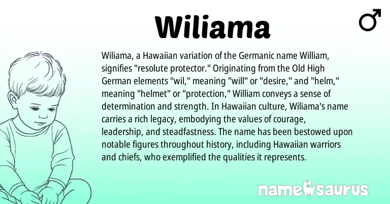 Infographic about Wiliama name meaning, Wiliama is a name from Old High German, Germanic, Hawaiian origin(s).