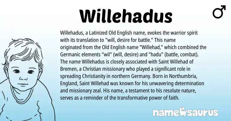 Infographic about Willehadus name meaning, Willehadus is a name from Old English, Christianity, Germanic, England origin(s).