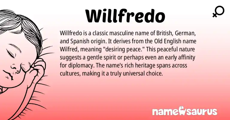 Infographic about Willfredo name meaning, Willfredo is a name from British, German, Spanish origin(s).