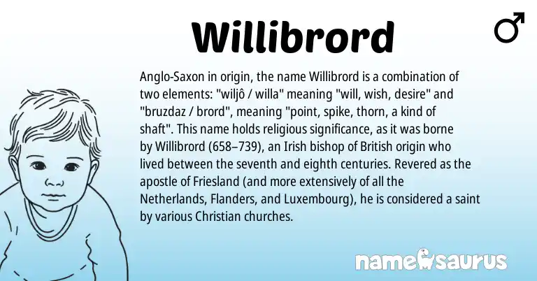 Infographic about Willibrord name meaning, Willibrord is a name from Irish, Netherlands, British, Anglo-Saxon origin(s).