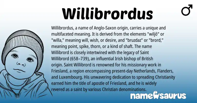 Infographic about Willibrordus name meaning, Willibrordus is a name from Irish, British, Christianity, Anglo-Saxon, Netherlands origin(s).