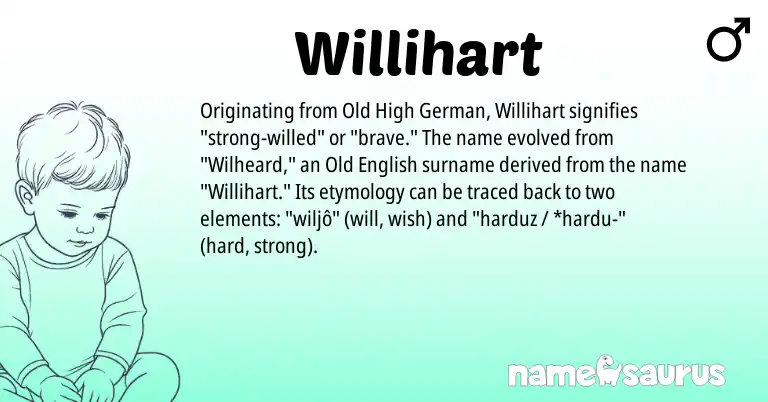 Infographic about Willihart name meaning, Willihart is a name from Old High German, Old English origin(s).