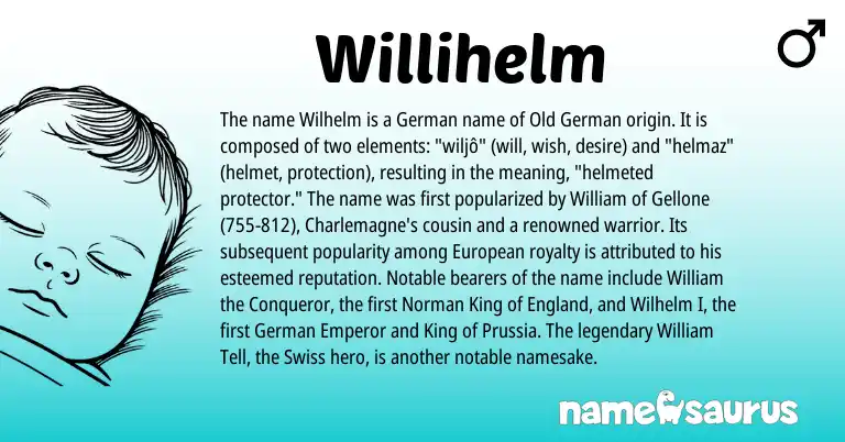 Infographic about Willihelm name meaning, Willihelm is a name from Swiss, European, England, Old German, German, Norman origin(s).