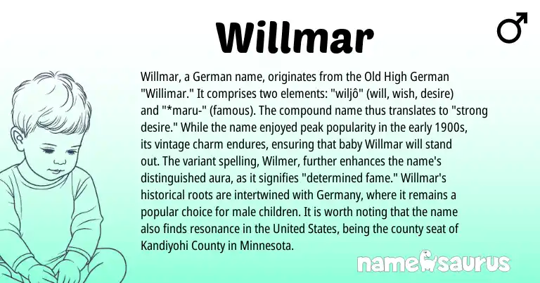 Infographic about Willmar name meaning, Willmar is a name from Old High German, German, United States origin(s).