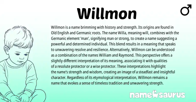 Infographic about Willmon name meaning, Willmon is a name from Germanic, English origin(s).