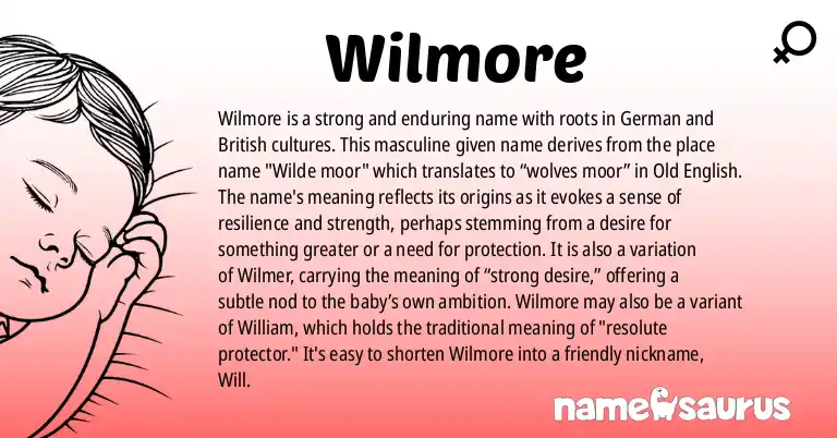 Infographic about Wilmore name meaning, Wilmore is a name from German, British origin(s).