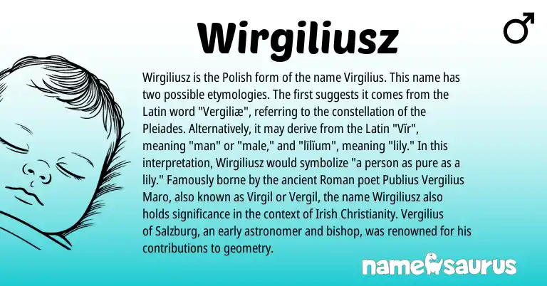 Infographic about Wirgiliusz name meaning, Wirgiliusz is a name from Irish, Polish, Christianity, Roman, Latin origin(s).