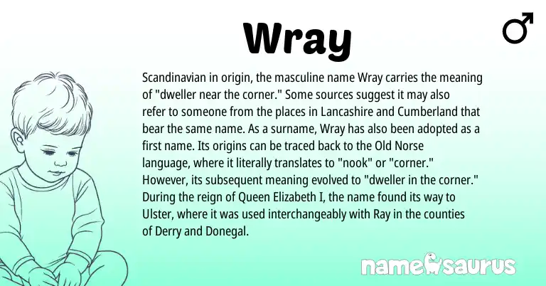 Infographic about Wray name meaning, Wray is a name from Scandinavian, Old Norse origin(s).