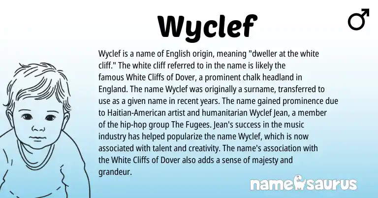 Infographic about Wyclef name meaning, Wyclef is a name from English, Haitian, American, England origin(s).