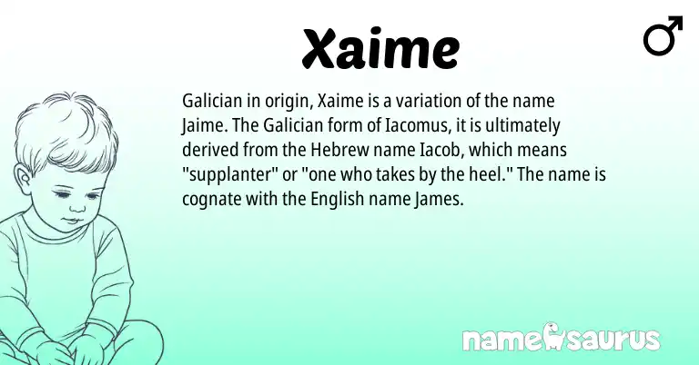 Infographic about Xaime name meaning, Xaime is a name from Galician, English, Hebrew origin(s).