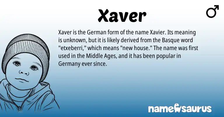 Infographic about Xaver name meaning, Xaver is a name from German, Basque origin(s).