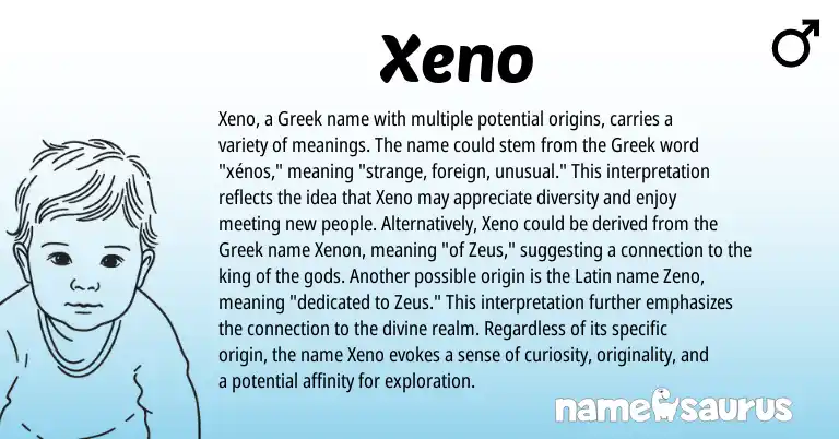Infographic about Xeno name meaning, Xeno is a name from Latin, Greek origin(s).
