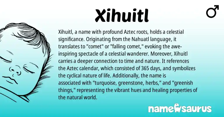 Infographic about Xihuitl name meaning, Xihuitl is a name from Aztec, Nahuatl origin(s).