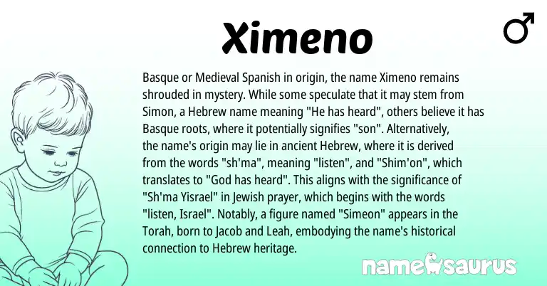 Infographic about Ximeno name meaning, Ximeno is a name from Jewish, Torah, Medieval Spanish, Basque, Hebrew origin(s).