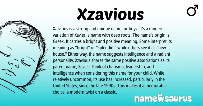 Infographic about Xzavious name meaning, Xzavious is a name from Greek, American origin(s).