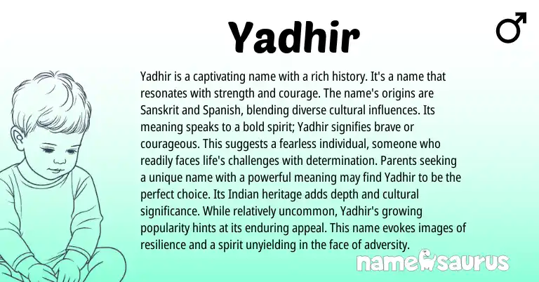 Infographic about Yadhir name meaning, Yadhir is a name from Sanskrit, Spanish, Arabic origin(s).