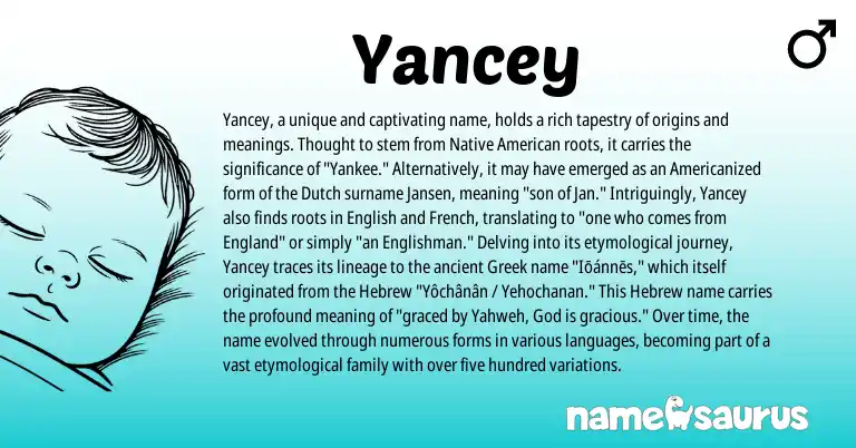 Infographic about Yancey name meaning, Yancey is a name from Native American, English, England, French, Greek, Dutch, Hebrew origin(s).