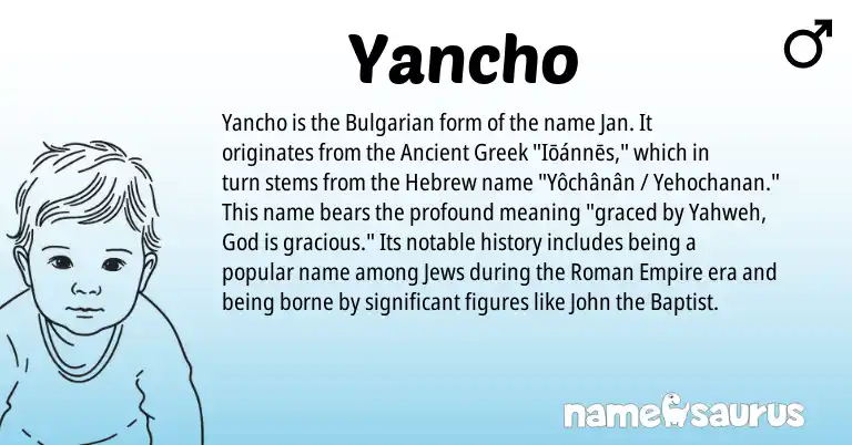 Infographic about Yancho name meaning, Yancho is a name from Bulgarian, Ancient Greek, Roman, Hebrew origin(s).