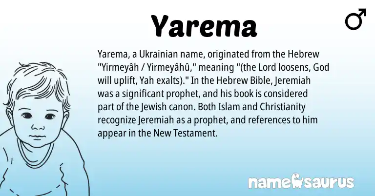 Infographic about Yarema name meaning, Yarema is a name from Ukrainian, Jewish, Christianity, Hebrew origin(s).