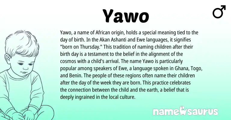 Infographic about Yawo name meaning, Yawo is a name from Ewe, Ashanti, Akan, Ghana, African origin(s).