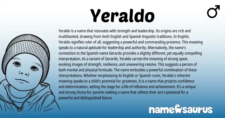 Infographic about Yeraldo name meaning, Yeraldo is a name from English, Spanish origin(s).