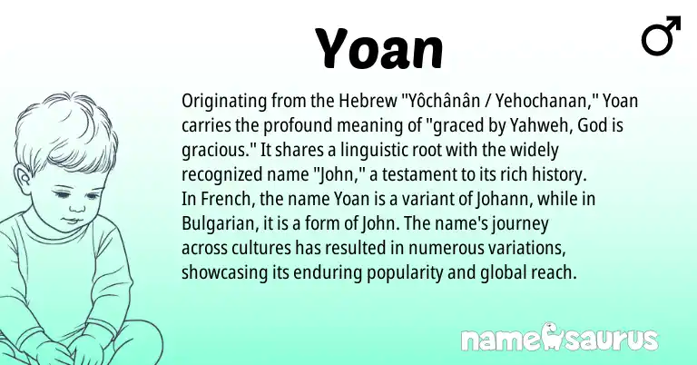 Infographic about Yoan name meaning, Yoan is a name from Bulgarian, French, Hebrew origin(s).
