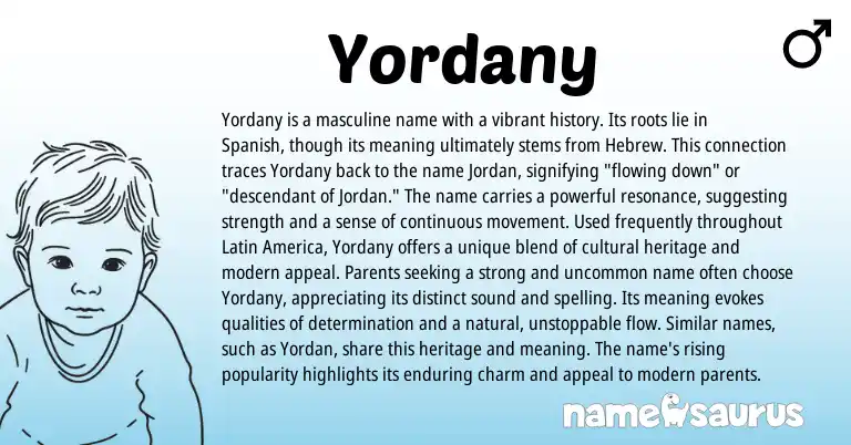 Infographic about Yordany name meaning, Yordany is a name from Latin, Hebrew, Spanish, American origin(s).