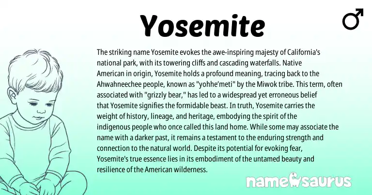 Infographic about Yosemite name meaning, Yosemite is a name from Native American, Miwok, American origin(s).