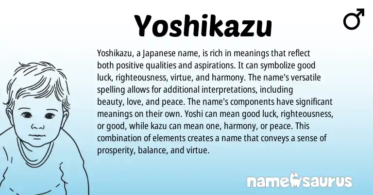 Infographic about Yoshikazu name meaning, Yoshikazu is a name from Japanese origin(s).