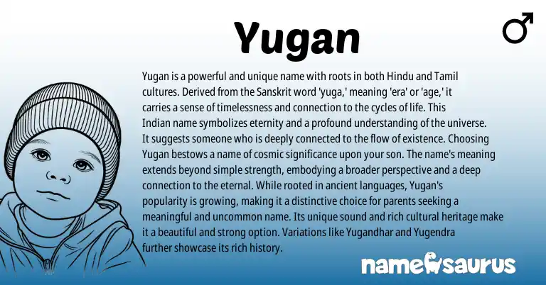 Infographic about Yugan name meaning, Yugan is a name from Sanskrit, Hindu, Hindi origin(s).