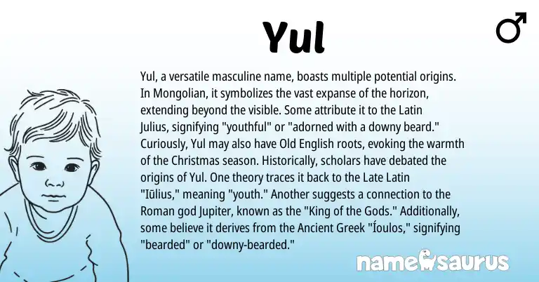 Infographic about Yul name meaning, Yul is a name from Ancient Greek, Late Latin, Roman, Latin, Mongolian, Old English origin(s).