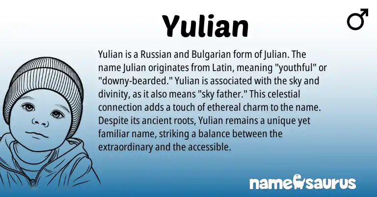 Infographic about Yulian name meaning, Yulian is a name from Russian, Bulgarian, Latin origin(s).