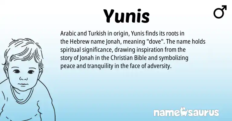 Infographic about Yunis name meaning, Yunis is a name from Arabic, Turkish, Hebrew origin(s).
