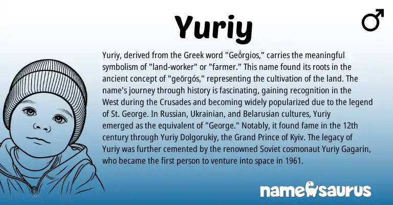 Infographic about Yuriy name meaning, Yuriy is a name from Ukrainian, Russian, Soviet, Greek, Belarusian origin(s).