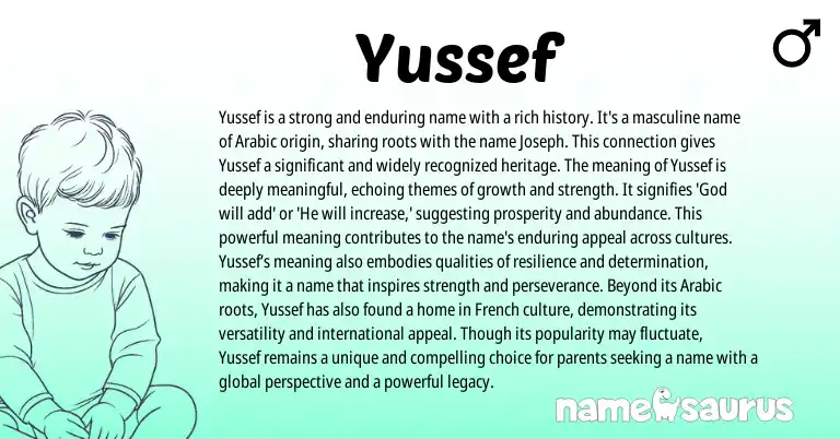 Infographic about Yussef name meaning, Yussef is a name from Arabic origin(s).