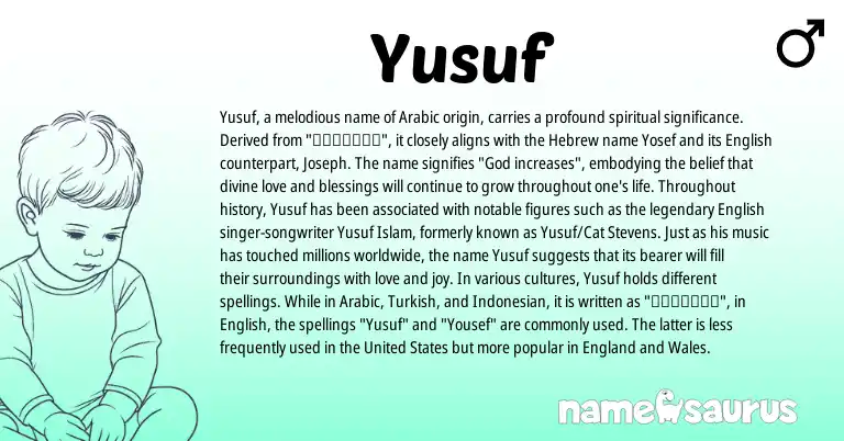 Infographic about Yusuf name meaning, Yusuf is a name from United States, Indonesian, English, Turkish, England, Arabic, Hebrew origin(s).