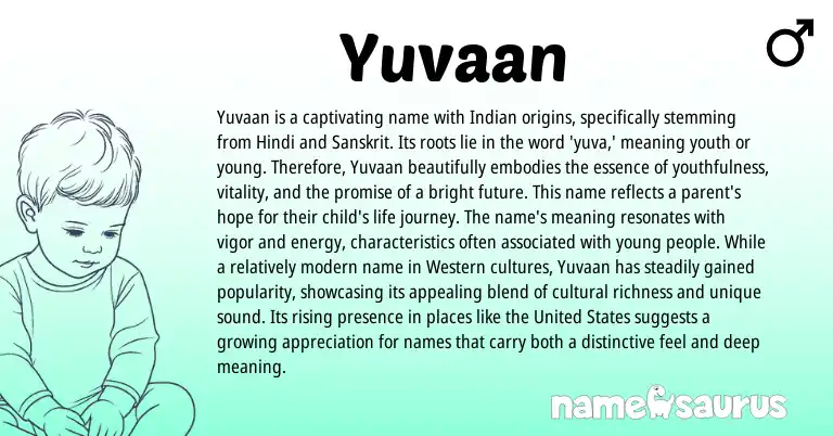Infographic about Yuvaan name meaning, Yuvaan is a name from Indian, Sanskrit origin(s).